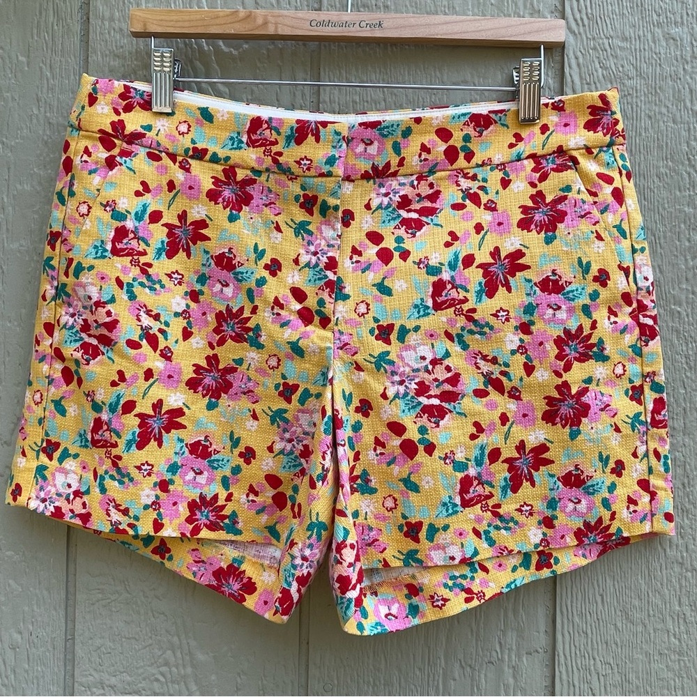 J.Crew Shorts Womens 10  Floral Yellow Red Florwer Colorful Cotton Pockets Beach